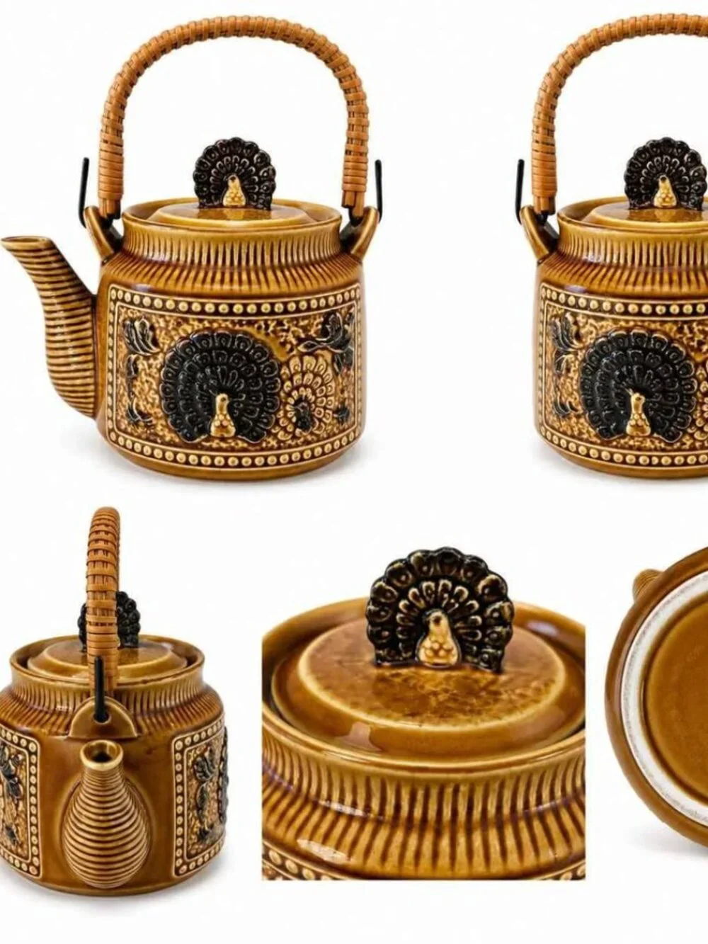 Vintage Made in Japan Brown Ceramic Peacock Teapot with Woven Handle